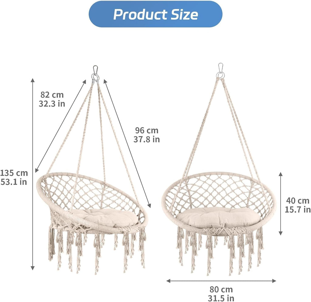 Hammock Chair, 330Lbs Swing Chair for Bedroom, Swing Chair with Comfy Cushion, Hanging Chair, for Bedroom, Porch, Adults, Balcony (Beige 2PCS)
