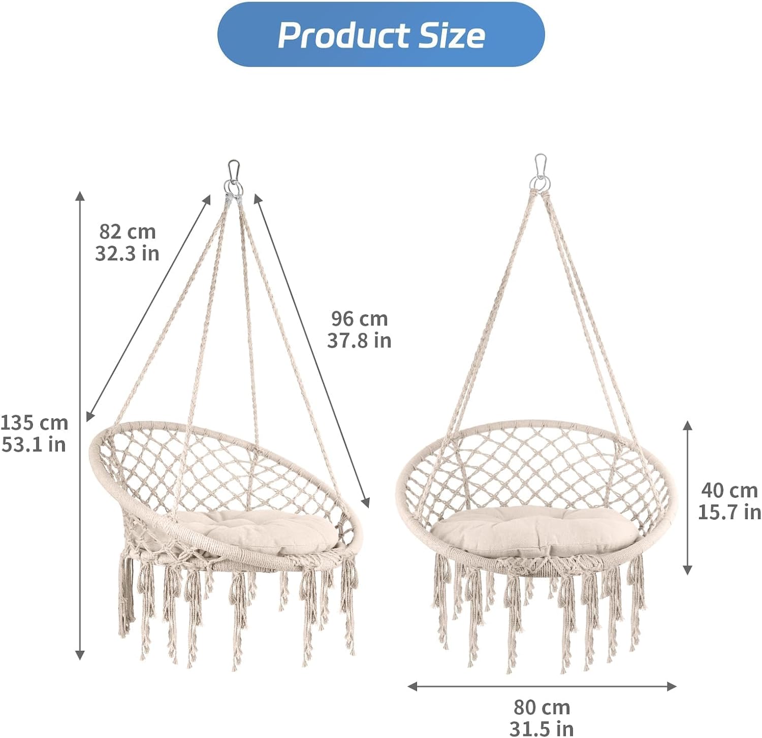 Hammock Chair, 330Lbs Swing Chair for Bedroom, Swing Chair with Comfy Cushion, Hanging Chair, for Bedroom, Porch, Adults, Balcony (Beige 2PCS)