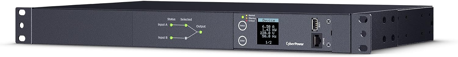 CyberPower PDU24004 Metered ATS PDU, 200-240V, 15A (Derated to 12A), 12 Outlets, 1U Rackmount