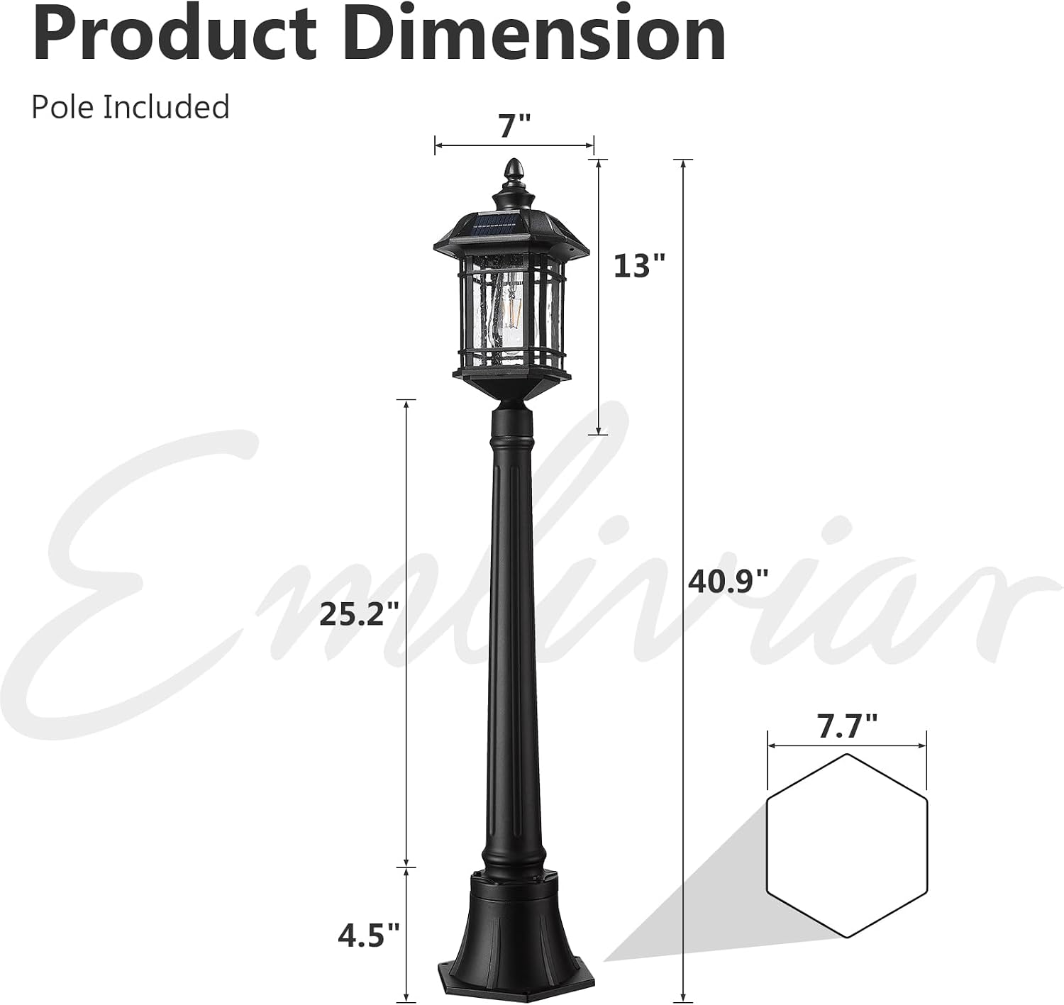 Emliviar Outside Solar Powered Post Light, Black Pathway Light with Remote Control, Dusk to Dawn LED Outdoor Solar Pole Lighting, Bulb Included, Seeded Glass, 2084PL-SL BK