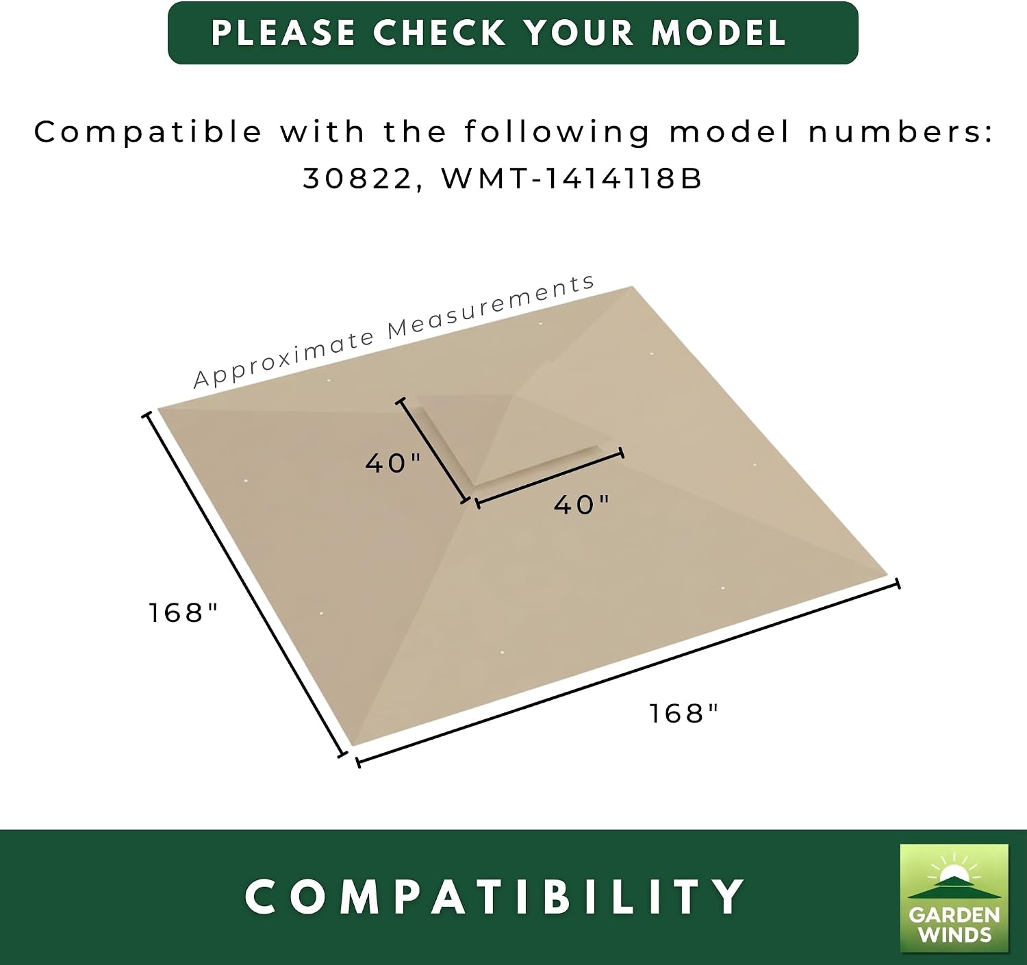 Garden Winds Reinforced RipLock 350 Replacement Canopy Top Cover Compatible with Ozark Trail 14' x 14' Pop Up Gazebo Models 30822, WMT-1414118B - Beige
