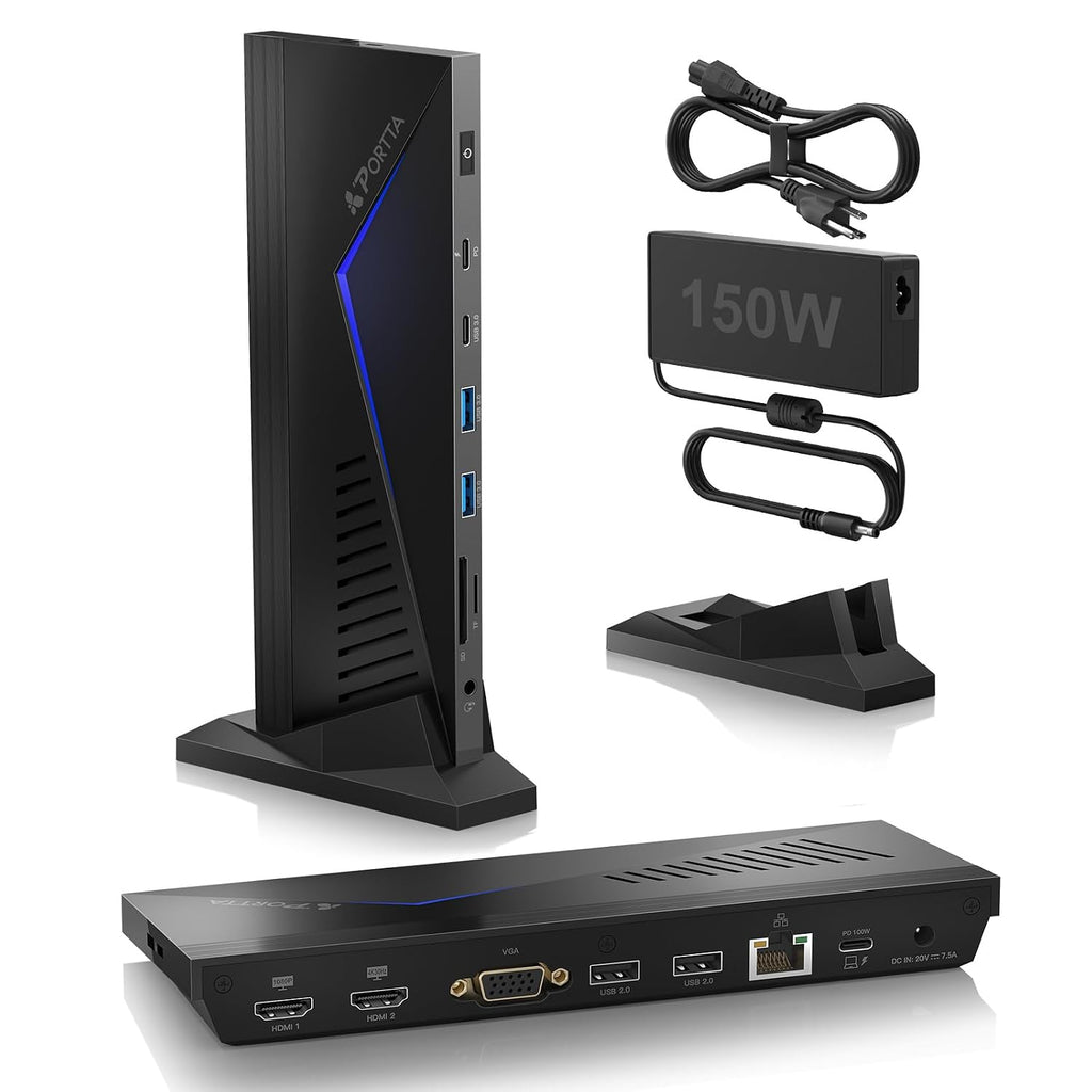 PORTTA 14 in 1 Docking Station Dual Monitor up to 4K 30 w/ 150W Power Adapter, HDMI x2, USB x6, VGA, RJ45, SD/TF, 100W PD, Audio/Mic, Compatible with macOS/Windows SST/MST, Driver Required