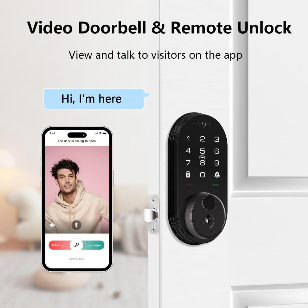 Smart Lock with Camera, Fingerprint Keyless Entry Deadbolt Lock, Built-in WiFi, Video Doorbell, Touchscreen Keypad, 2-Way Audio, Tuya APP, Waterproof, 8 AA Batteries, for Front Door
