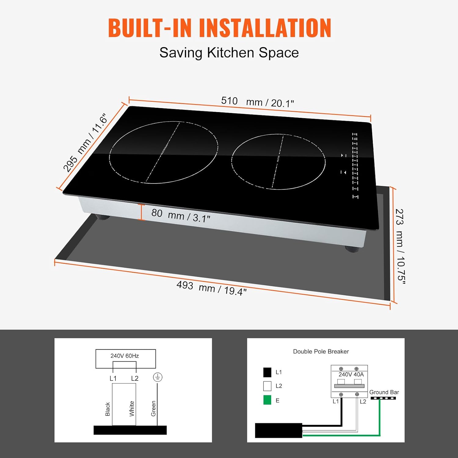 Happybuy 12' Electric Cooktop, 2 Burners, 3000W Induction Stove Top, Built-in Magnetic Cooktop, 9 Heat Levels, LED Touch Screen with Child Lock & Over-Temperature Protection