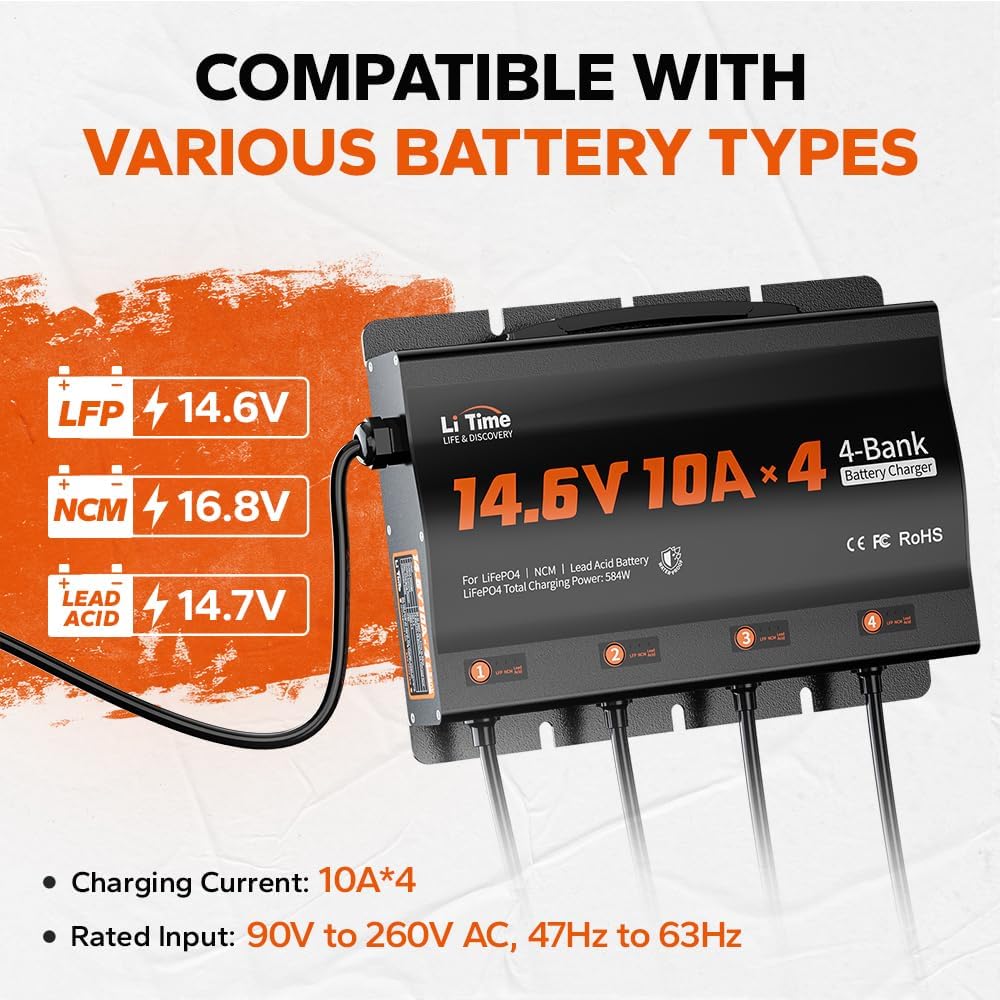 LiTime 4-Bank 10A (10A/Bank) Smart Battery Charger, 14.6V LiFePO4 Battery Charger AC-DC Charger with Fuse, LED Indicator for RV, Boat, Motorcycle, Lawn Mower, Trolling Motor and Lead Acid Battery