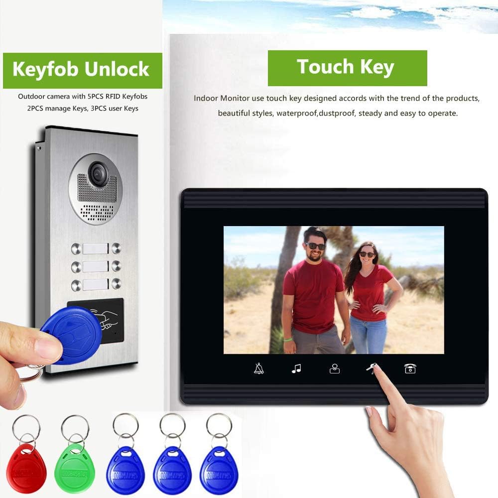 Upgrade Versions 3 Units Apartment Intercom System 7 inch Touch Monitor Video Door Phone Kits Support Ethernet Cable Connect, Single-Supply, ID Keyfobs Unlock for Home Apartment