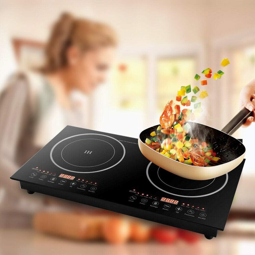 Double Induction Cooker, 1200W 2 Burner Induction Cooker Cooktop, Electromagnetic Oven High Temperature Resistance Double Burner Countertop Cooktop 8 Gear Firepower Dual Induction Hot Plate