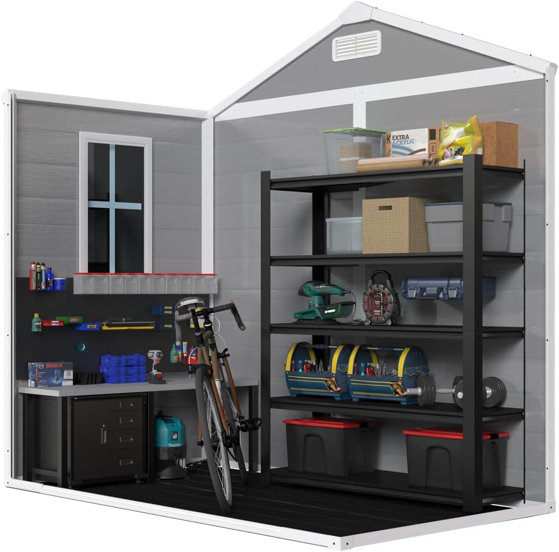 6 x 6 FT Storage Shed, Waterproof Resin Outdoor Storage Shed with Floor & Window & Lockable Doors and Vents, Tool Shed for Bike, Garden, Backyard, Lawn, All Weather Use, Light Grey