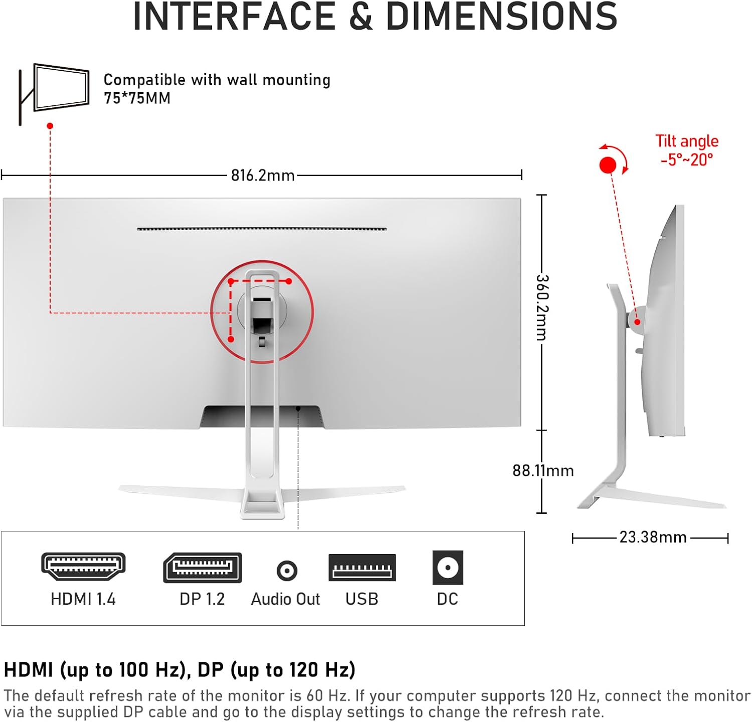 Gawfolk 34 Inch IPS Ultrawide 120Hz Gaming Computer Monitor, 21:9 UWFHD (2560x1080) PC Screen, 120% sRGB, Adaptive Sync, 178° Viewing Angle, Display Port, HDMI, Compatible with Wall mounting - White