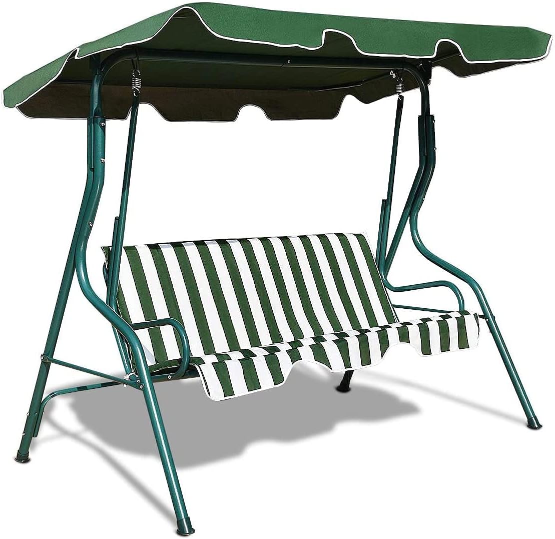 3-Seater Canopy Swing Chair, Waterproof Outdoor Swing Cushioned Seat with Adjustable & Removable Canopy, Steel Frame Polyester Fabric Oxford Cloth Patio Hammock Cover Top (Green)