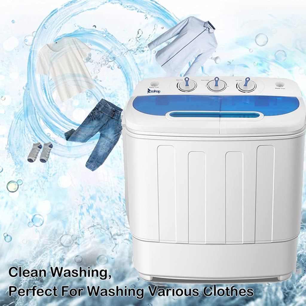 2IN1 Mini Portable Compact Washing Machine 13lbs Capacity Twin Tub Washer Spinner Cycle Combo, Timer Control, Drain and Inlet Water Hose for Apartment, Camping, Dorms and RV