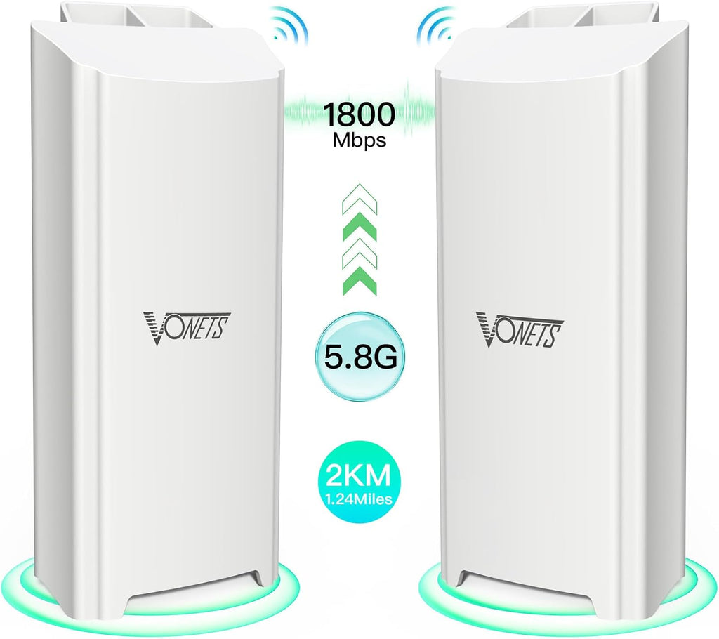 Vonets 1800Mbps Point-to-Point Wireless Bridge, 2KM Range, 5.8G WiFi Extender, Dual Gigabit Ports, PoE or DC Powered, IP65 Weatherproof, Outdoor, Building (2)