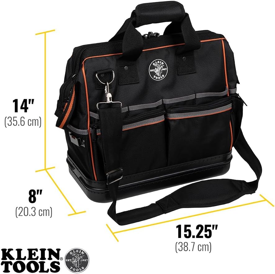 Klein Tools 55431 Tool Bag with Molded Bottom, Padded Shoulder Strap and Lighted Tool Storage with 31 Pockets