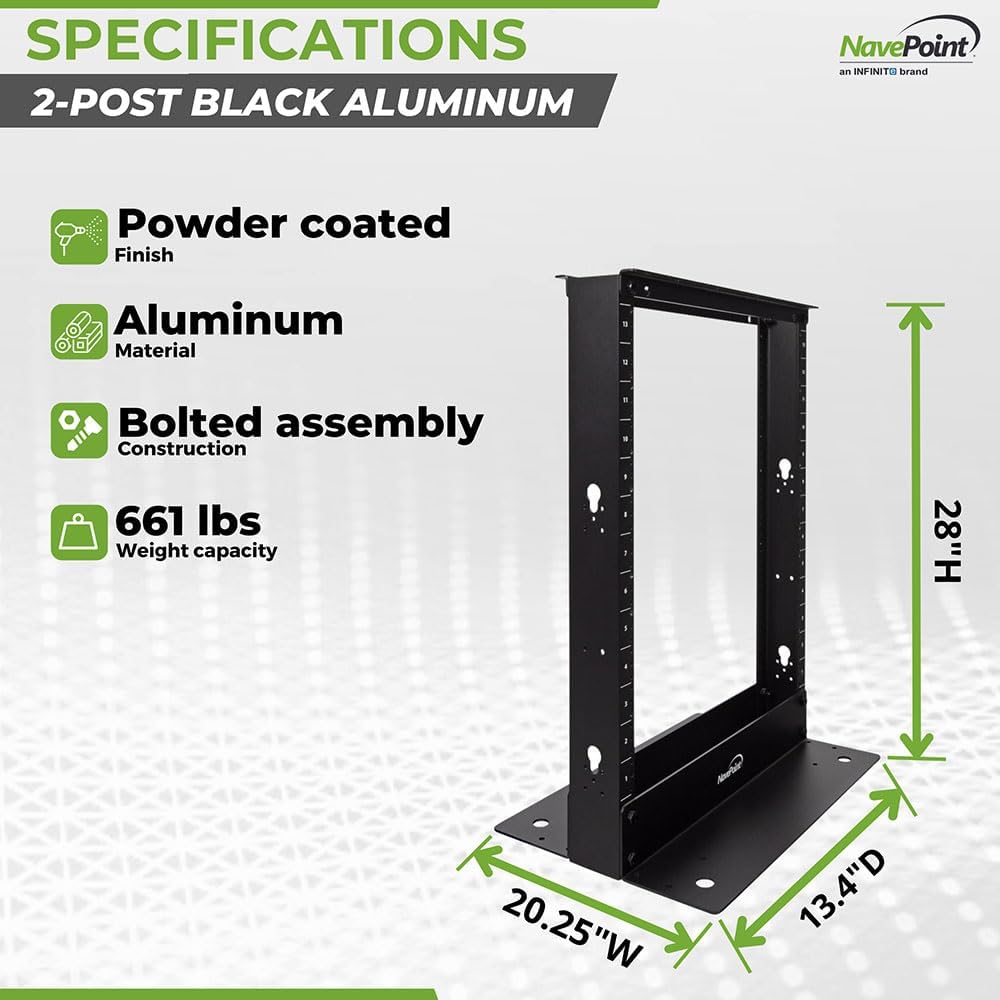 NavePoint 13U 2 Post Open Frame Server Rack for 19 Inch Equipment, AV, Networking, Data & IT Devices, 2-Post Rack 13U 661lbs Weight Capacity, Black