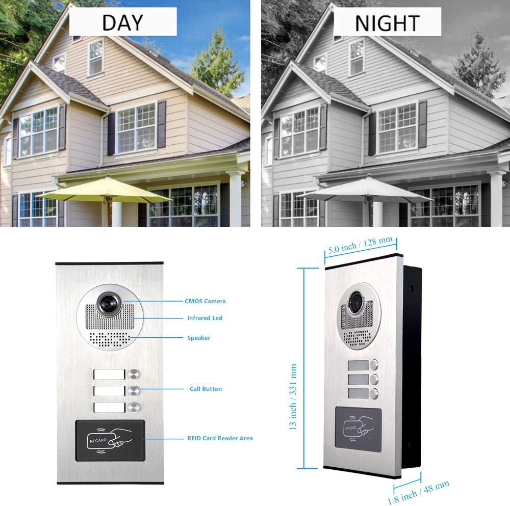 Upgrade Versions 3 Units Apartment Intercom System 7 inch Touch Monitor Video Door Phone Kits Support Ethernet Cable Connect, Single-Supply, ID Keyfobs Unlock for Home Apartment