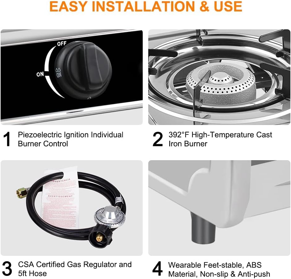 CAMPLUX 2 Burner Propane Camping Gas Stove for Outdoor Cooking, 19,600 BTU Portable Double Burner Propane Cooktop Stainless Steel with Auto Ignition, Estufa de Gas Portatil, for Patio, Camping, BBQ