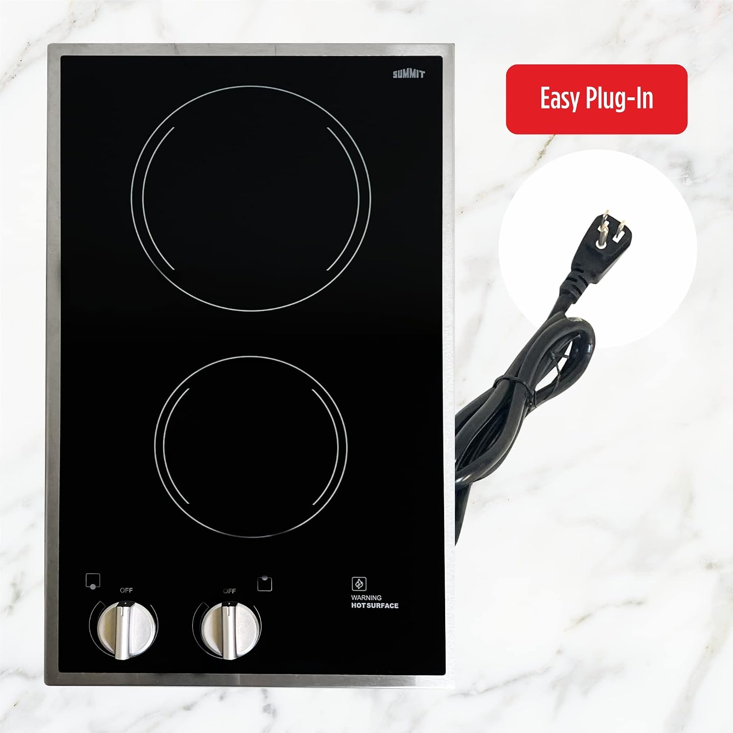 Summit CR2B12ST 12' Wide 115V 2-Burner Radiant Cooktop, Black Ceramic Glass, 1400W, ADA Compliant, Safety Heat Indicator, Easy to Clean, Cord Included, Hotel Suites, Extended Stay, Apartments, House
