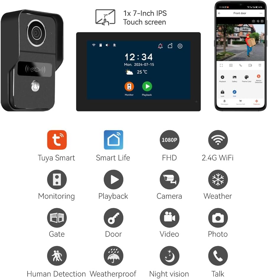 2pin-Wired 2MP HD Indoor 7' WiFi Monitor Smart Home Video Doorbell Intercom System, Remote APP Phone Unlock Video Record Motion Detect 2-Way Talk IR Camera Door Bell 1x doorbell + 2X 7in Monitor