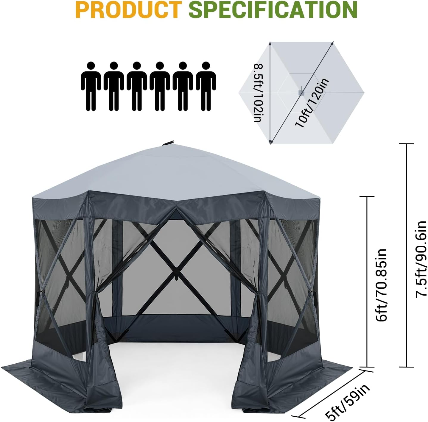 Hipicute Pop Up Gazebo,10 X 10 Ft Portable Outdoor Camping Pop Up Canopy Screen Tent with Mosquito Netting Gazebo,Waterproof 6 Sidewalls,Ground Stakes,Carry Bag for Lawn, Garden, Backyard (Gray)