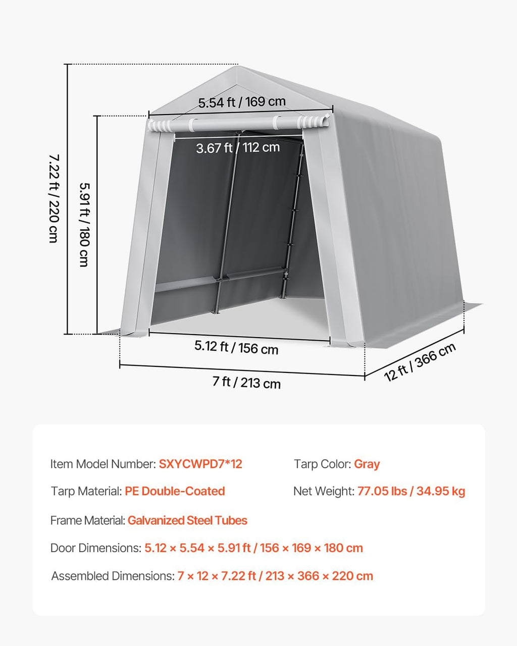 VEVOR Outdoor Storage Shed, 7 x 12 ft Portable Storage Tent with Roll-up Door & Vents, Waterproof Canopy Shed Shelter, Heavy Duty Frame, Patio Garage Carport for Motorcycle, Lawn Mower, Bike, Grey