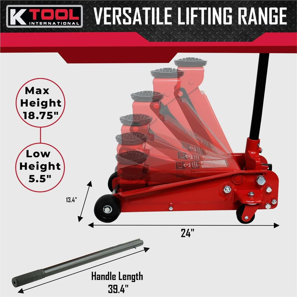 K Tool International 63131B 3 Ton Automotive Service Floor Jack for Garages, Repair Shops, and DIY, Portable, Compact, 6,000 lbs. Capacity, Hydraulic Lifting Range 5.5' - 8.75', Heavy Duty Steel, Red