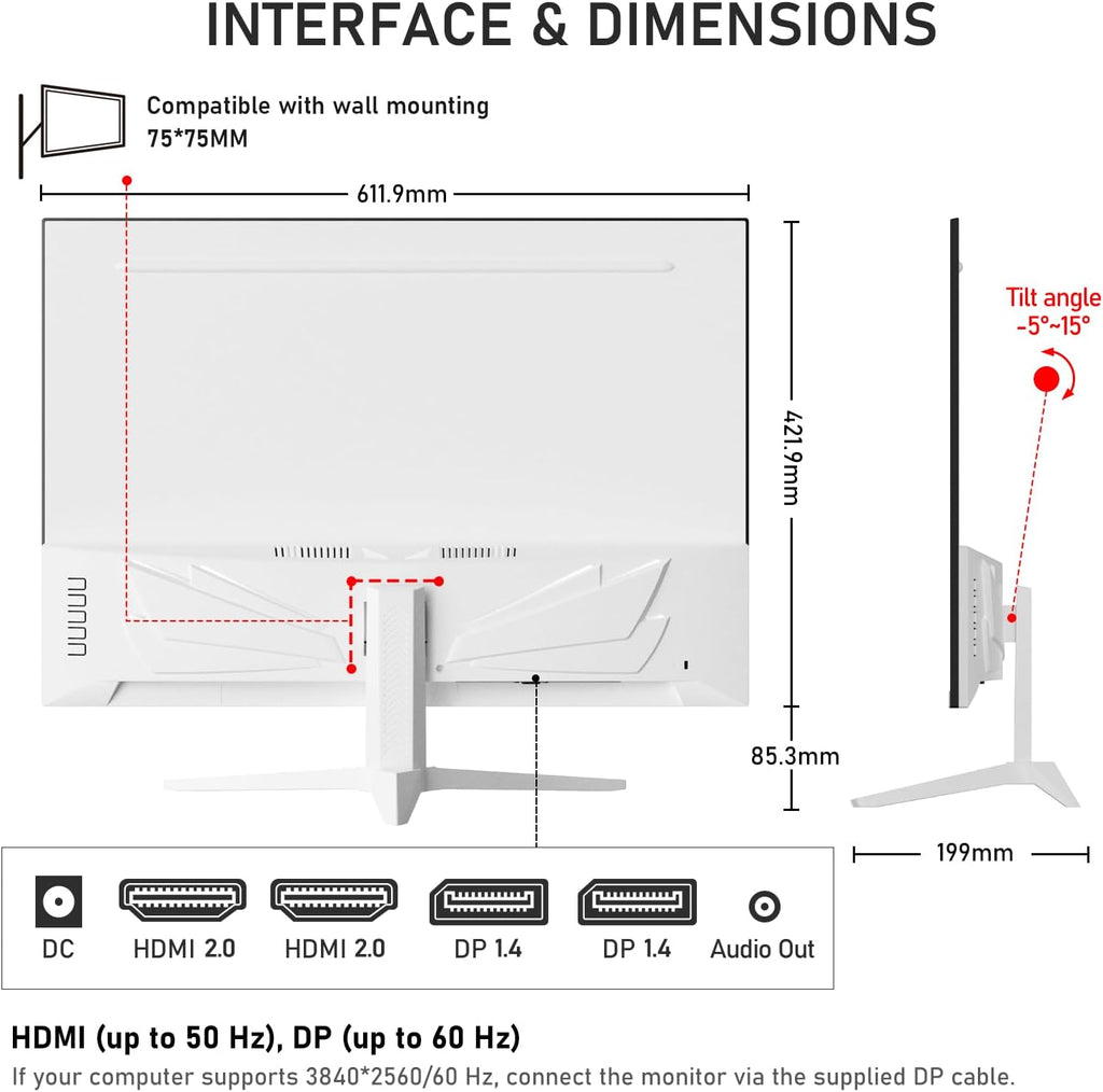 Gawfolk 28 inch UHD 4K Computer Monitor, IPS Ultra HD (3840×2560p) Screen, 3:2, 1.07 Billion Colours, 128% sRGB, Built-in Speakers, 178° Wide Viewing Angle DisplayPort, HDMI, White