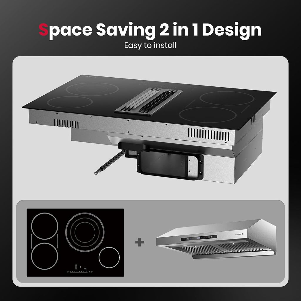 GASLAND 31.5 Inch Electric Cooktop with Downdraft Exhaust, 4 Burners 80cm Glass Radiant Stovetop 220V, 3-speed Max. 330 CFM Downdraft Vent