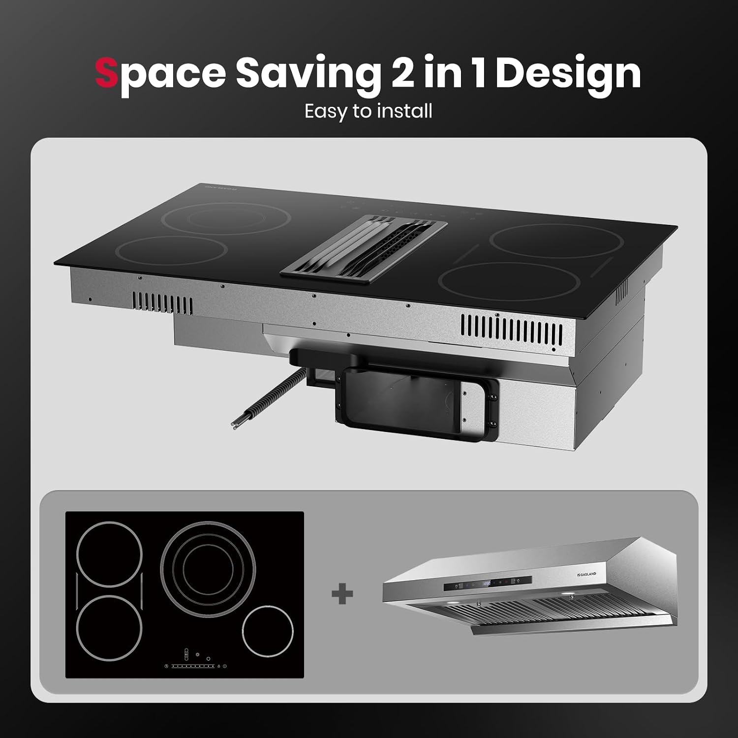 GASLAND 31.5 Inch Electric Cooktop with Downdraft Exhaust, 4 Burners 80cm Glass Radiant Stovetop 220V, 3-speed Max. 330 CFM Downdraft Vent