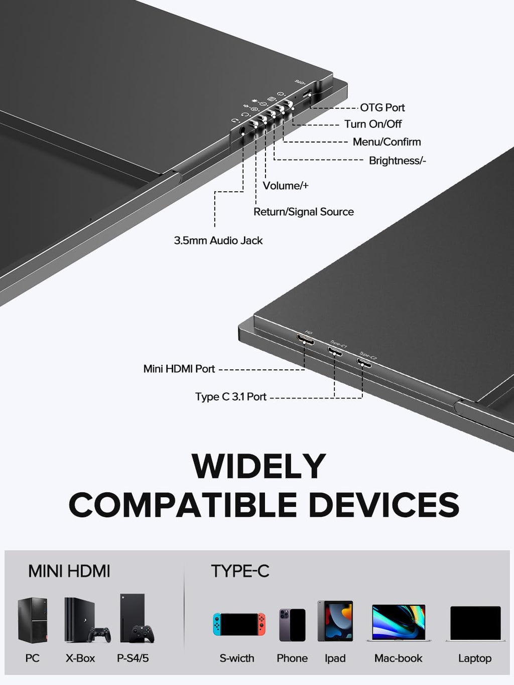 UPERFECT 24.5' Portable Monitor 240Hz Gaming Monitor 2000:1 Contrast FreeSync 0.1ms Fast IPS Large Screen, Built-in 180° Adjustable Stand/VESA, USB-C HDMI Second Screen for Laptop, Phone, Game Console