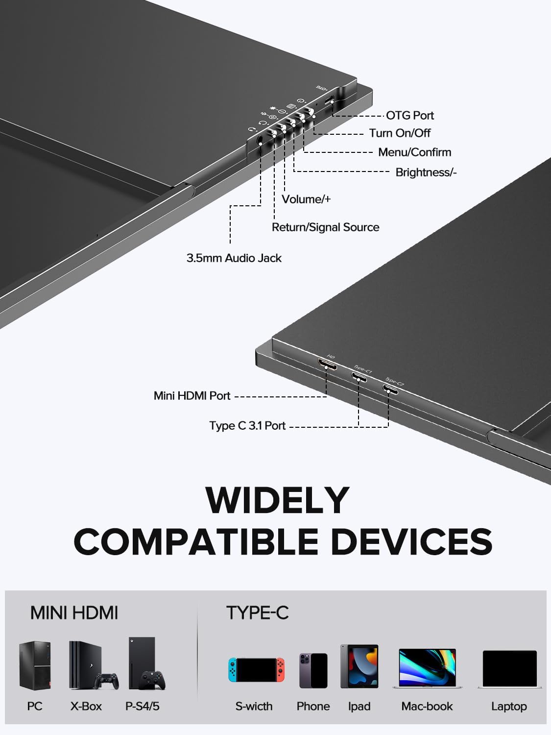 UPERFECT 24.5' Portable Monitor 240Hz Gaming Monitor 2000:1 Contrast FreeSync 0.1ms Fast IPS Large Screen, Built-in 180° Adjustable Stand/VESA, USB-C HDMI Second Screen for Laptop, Phone, Game Console