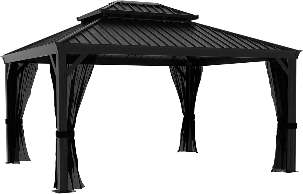 MUPATER 10'×14' Outdoor Gazebo with Double Roof, Permanent Hardtop Gazebo with Drainage System, Heavy Duty Metal Structure with Mosquito Netting for Patio, Backyard, Deck, Black