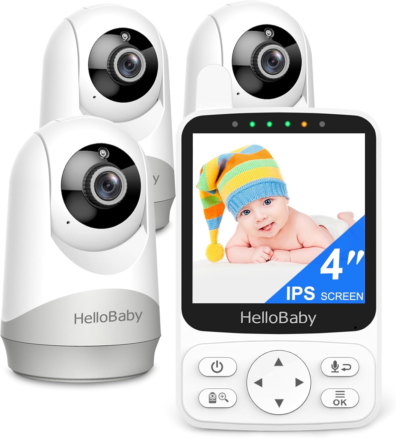 HelloBaby Baby Monitor with 3 Cameras, 4-Inch IPS Screen, PTZ Rotation, Night Vision, Two-Way Talk, VOX Mode, 1000ft Range, No WiFi Needed, Secure FHSS Encryption, for Newborns & Toddlers - Gift Pack