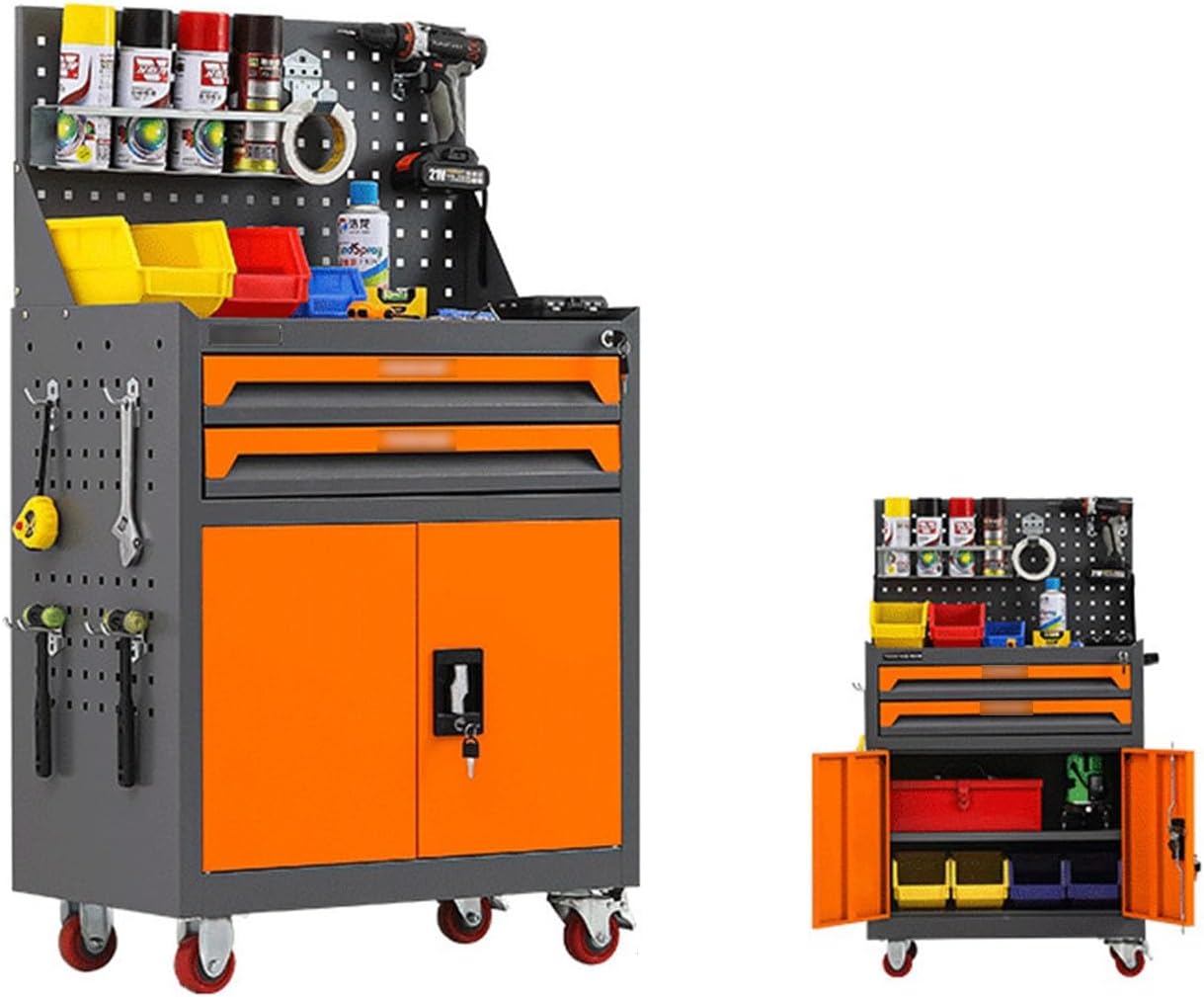 Multifunctional 2-Drawer High Capacity Rolling Tool Chest, Removable Cabinet Storage Tool Box with Wheels and Lock for Mechanical Workshops for Garage(Orange)