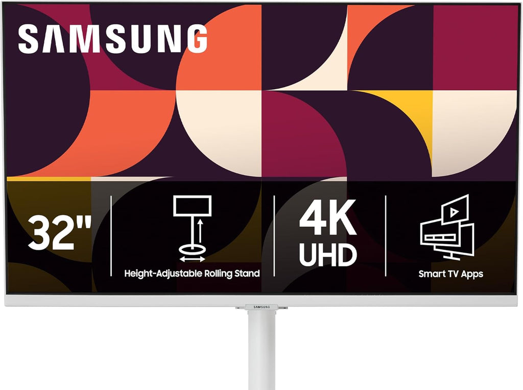 Samsung The Movingstyle Essential 32' 4K UHD Smart Monitor with Adjustable Rolling Stand, Smart TV Apps, Built-in Speakers, White Design, Gaming Hub, AI Picture Optimizer, SmartThings, F-LS32FM70-MSR