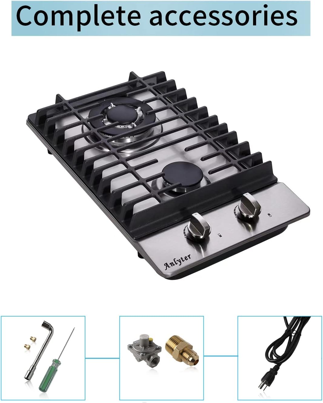12 Inch Gas Cooktop, 2 Burners Built-in Gas Stovetop Stainless Steel Gas Stove Top LPG/NG Convertible Dual Fuel Sealed Gas Hob