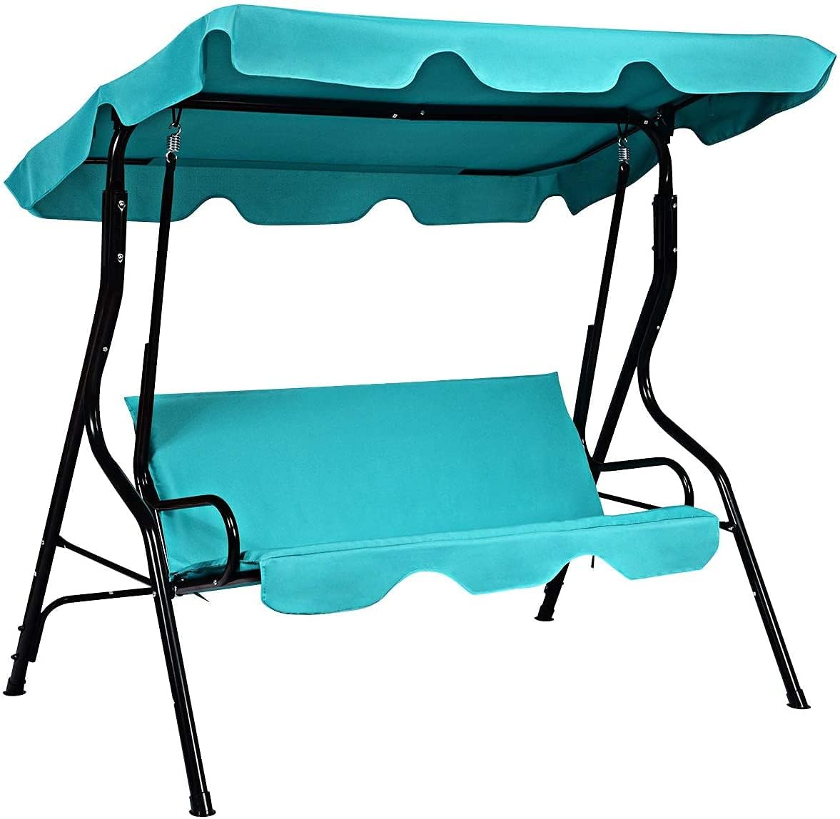 3-Seater Canopy Swing Chair, Waterproof Outdoor Swing Cushioned Seat with Adjustable & Removable Canopy, Steel Frame Polyester Fabric Oxford Cloth Patio Hammock Cover Top (Turquoise)