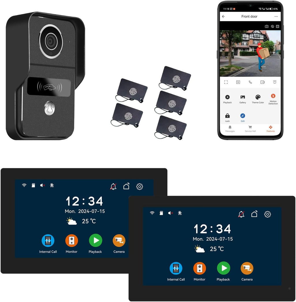 2pin-Wired 2MP HD Indoor 7' WiFi Monitor Smart Home Video Doorbell Intercom System, Remote APP Phone Unlock Video Record Motion Detect 2-Way Talk IR Camera Door Bell 1x doorbell + 2X 7in Monitor