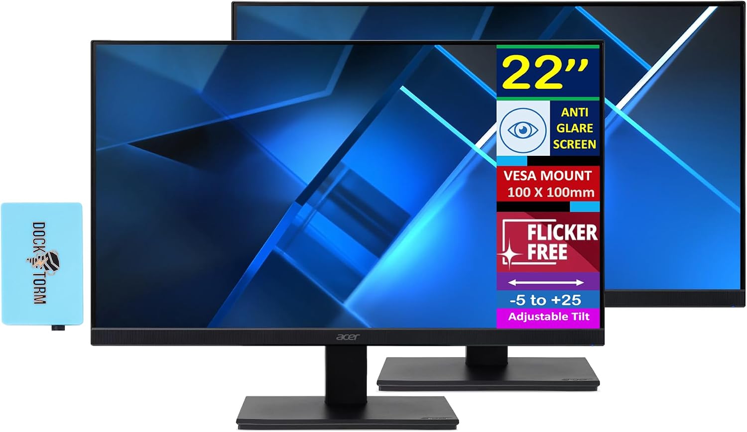 Acer Vero 22' FHD Free Sync Monitor with 4ms Response Time, Flicker Free, Anti Glare, VESA Mount (100mm), HDMI & Dockztorm USB Port Expander, Black (2026 Latest Model) 2 Pack