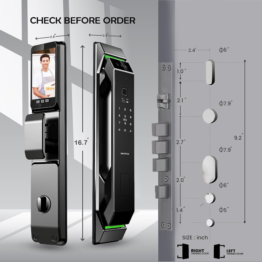 Smart Door Lock with Camera: 3D Face Recognition, Palm Vein, Video Intercom with 1080p HD Camera, Motion Detection, Keyless Entry, Fingerprint, Passcode, IC Card, Doorbell, Tuya App, Supports Alexa
