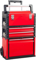 Tool Box Stackable Portable Metal Tool Box Organizer with Wheels and 2 Drawers, Rolling Upright Trolley Tool Chest Tool Storage(Red)