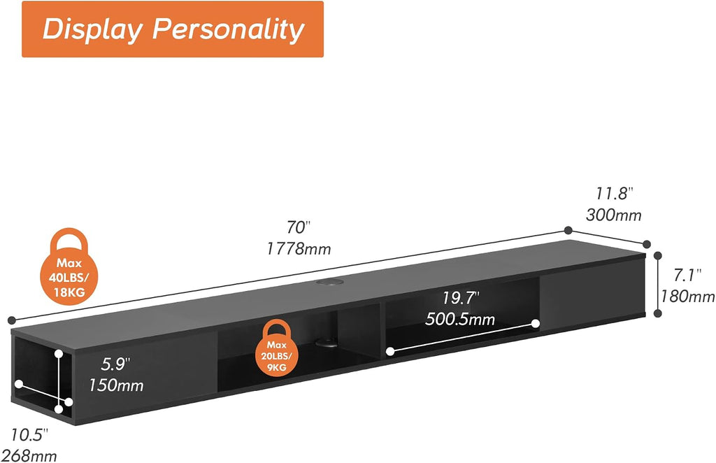 WAMPAT Floating Entertainment Center for 80 Inch TV,TV Stand Wall Mounted with LED Light, Floating TV Shelf Under TV for Living Room, Bedroom, Black