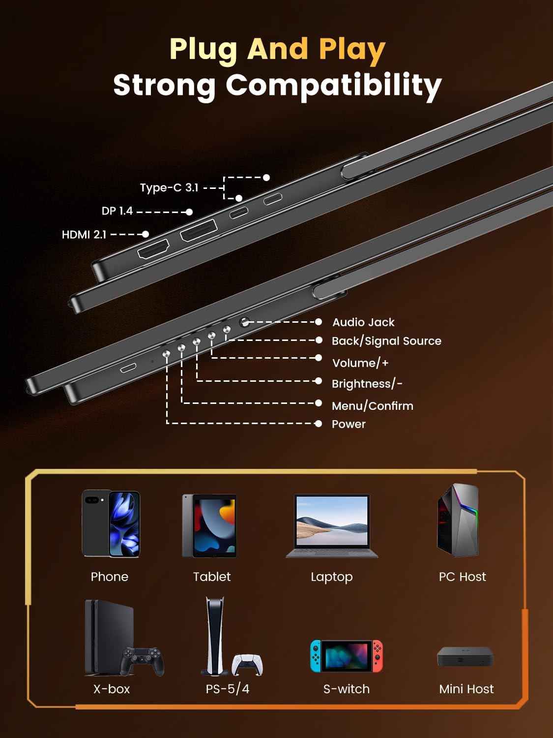 UPERFECT QLED Portable Gaming Monitor 500Hz 24.5'' Monitor, FreeSync 0.1ms, 125%sRGB 2000:1 600Nits, Built-in Stand, Speaker and VESA Mountable DP1.4 USB C HDMI Second Screen for Laptop, Game Console