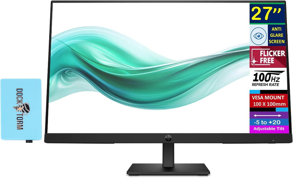 HP Series 3 Pro 27' FHD IPS Monitor with 5ms Response Time, Anti Glare, Flicker Free, VESA Mount (100 x 100 mm), Displayport, HDMI & Dockztorm USB Port Expander, Black Color
