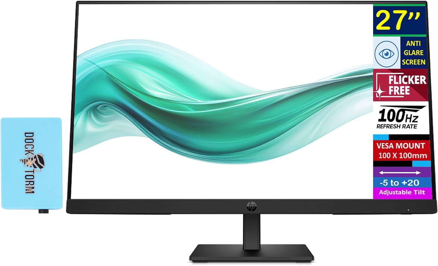 HP Series 3 Pro 27' FHD IPS Monitor with 5ms Response Time, Anti Glare, Flicker Free, VESA Mount (100 x 100 mm), Displayport, HDMI & Dockztorm USB Port Expander, Black Color