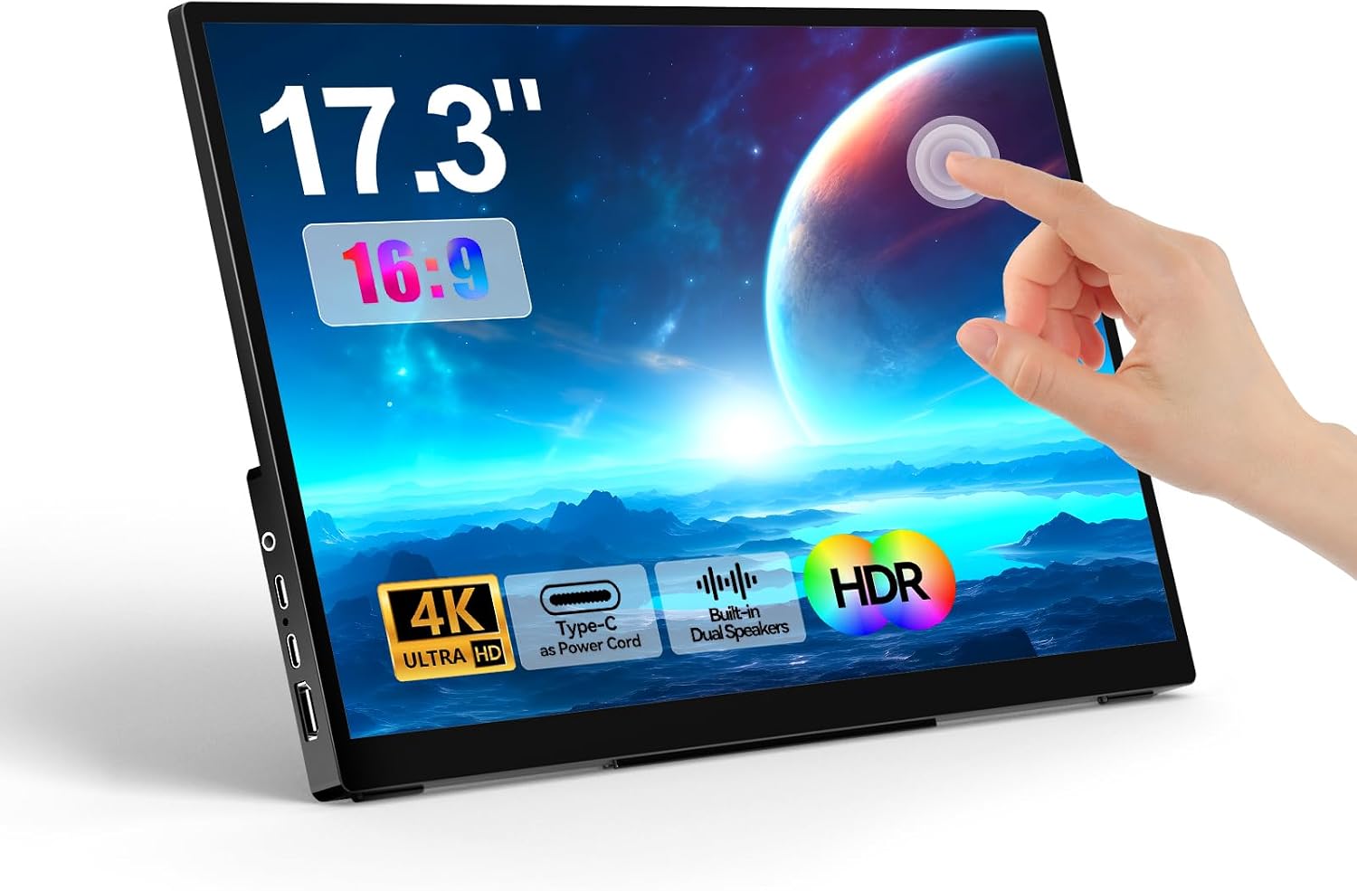17.3 Inch Portable Touch Monitor 4K UHD 3840 ×2160 100% NTSC Metal Shell Tempered Glass, Dual Speaker,Stand & Sleeve, USB-C, HDMI, HDR, Freesync,Plug & Play, for Laptop, Mac, Phone,Swicth