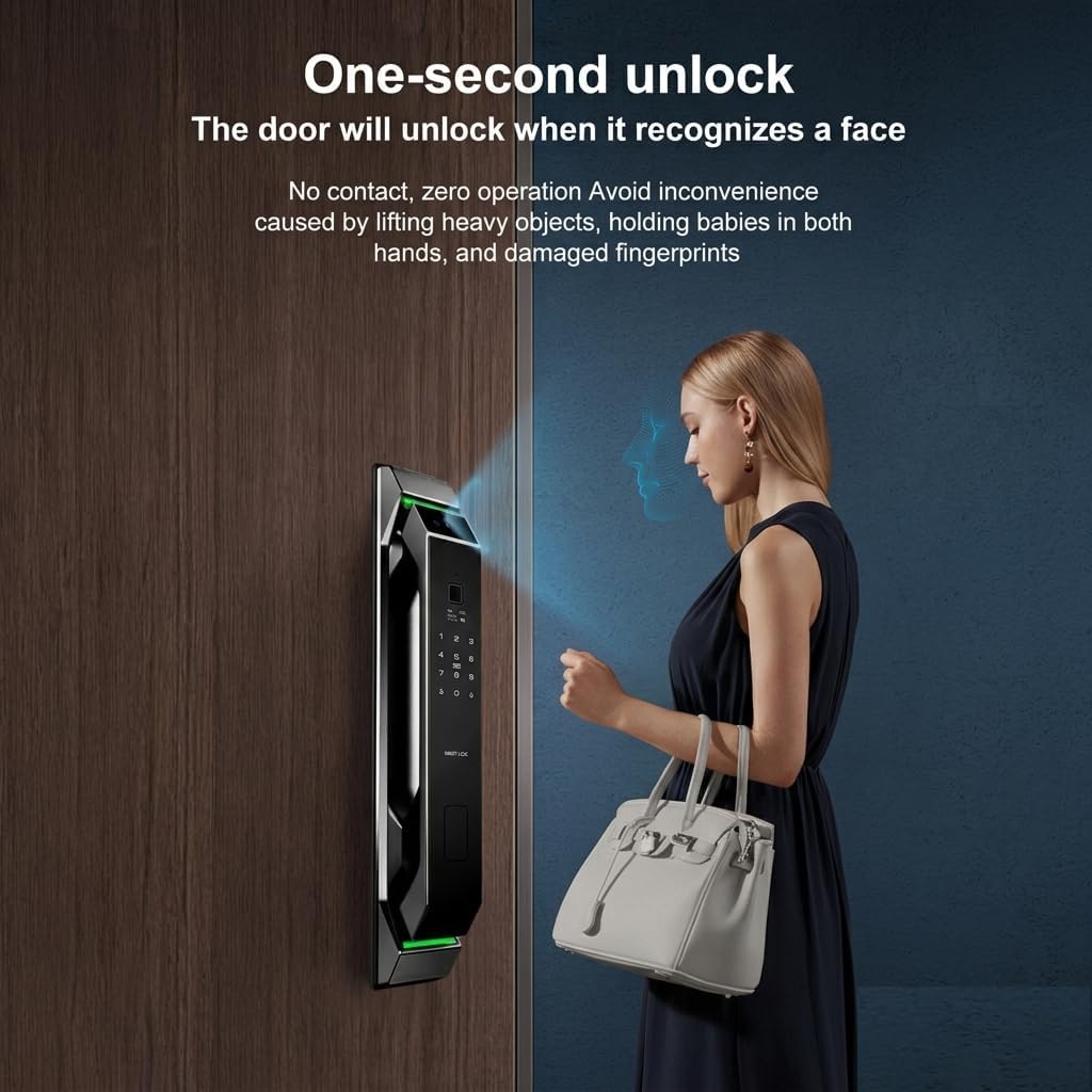 Smart Door Lock with Camera: 3D Face Recognition, Palm Vein, Video Intercom with 1080p HD Camera, Motion Detection, Keyless Entry, Fingerprint, Passcode, IC Card, Doorbell, Tuya App, Supports Alexa
