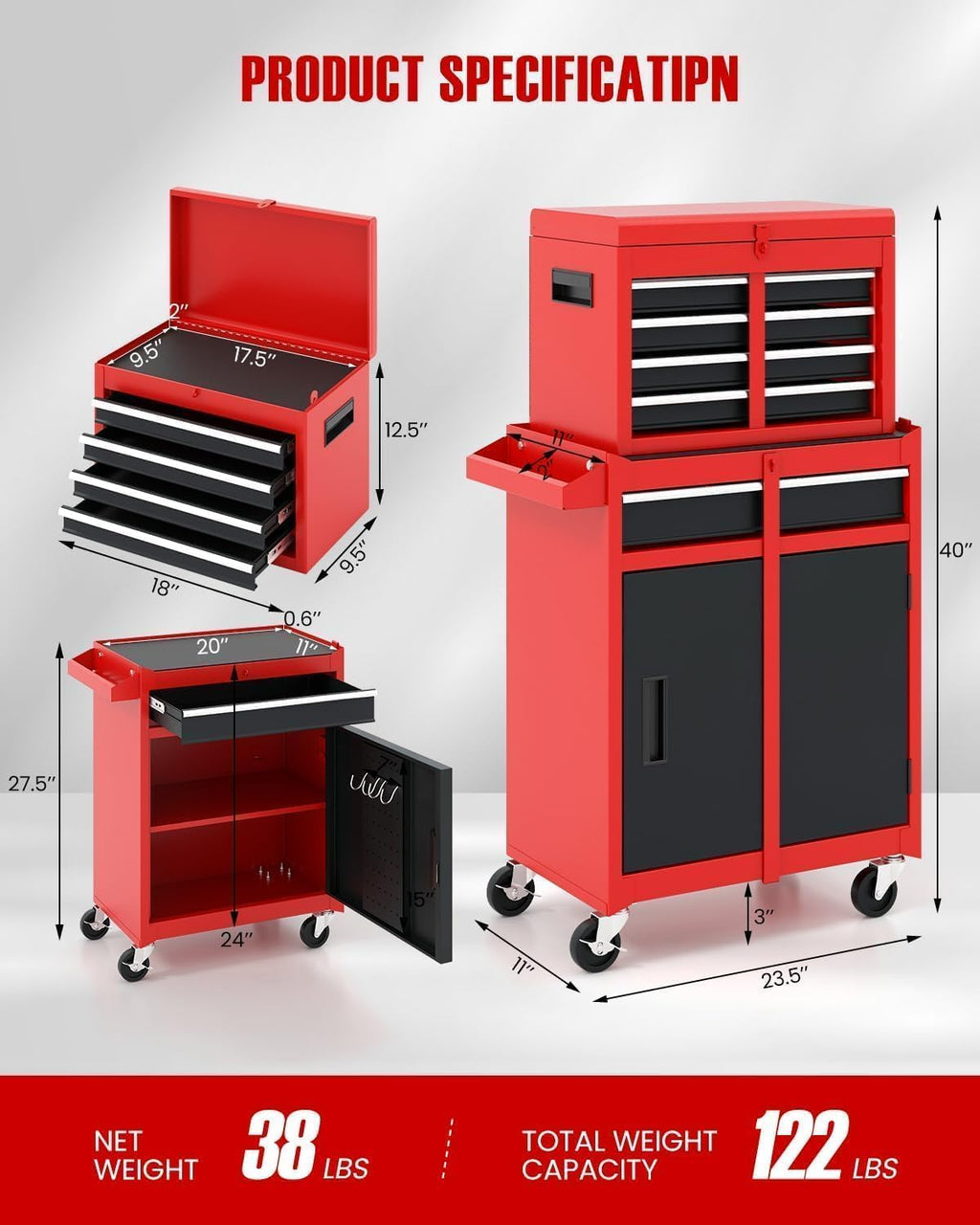 ARNOT 2-in-1 Rolling Tool Chest with 5 Drawers, Heavy-Duty Metal Tool Box with Wheels, Detachable Top Tool Box & Rolling Tool Cabinet for Garage, DIY, Mechanics, Red+Black