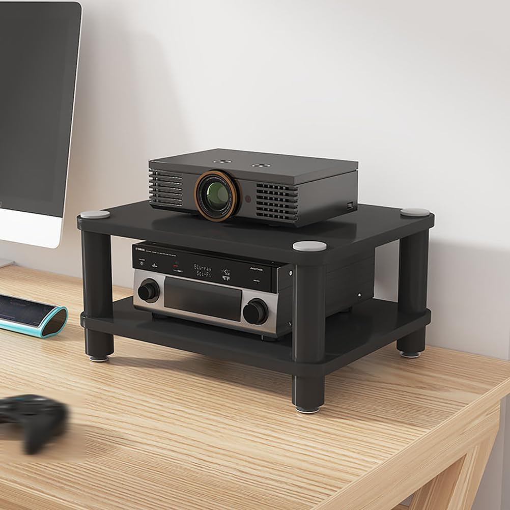 Desktop Video Audio Rack AV Media Stand with Wooden Shelf, Open Stereo Cabinet Corner Component Cabinet, Portable Media Storage Cabinet for Computer Desk,Black,2 Tier W 15.7″