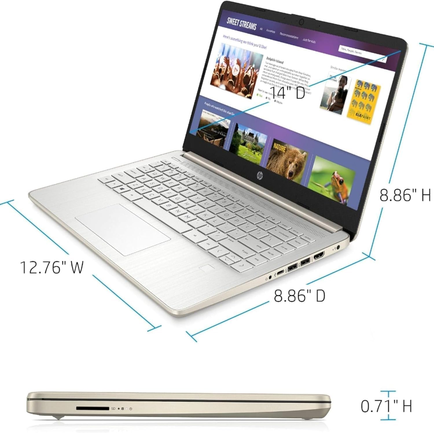HP Ultrabook 14 Laptop with Free Microsoft 365 • 16GB RAM • Intel 4-Core CPU • 64GB SSD • Windows 11 w/o Earphones (Pale Gold)