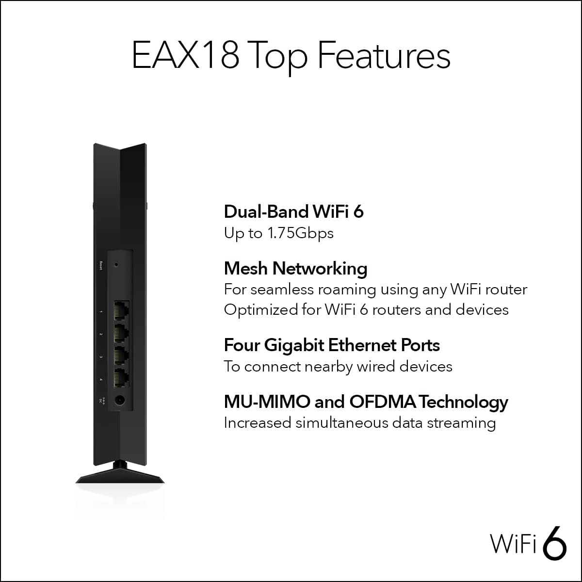 NETGEAR WiFi 6 Mesh Range Extender (EAX18) - Add up to 1,500 sq. ft. and 20+ Devices with AX1750 Dual-Band Wireless Signal Booster & Repeater (up to 1.75Gbps Speed), WPA3 Security, Smart Roaming
